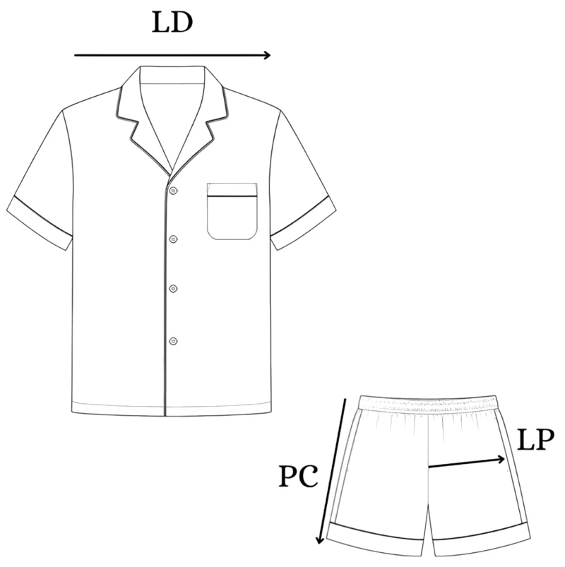 Cara mengukur Short Set: lingkar dada (LD), lingkar paha (LP), panjang celana (PC)
